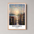 A framed illustration of Istanbul's view with a rustic red oak wood frame, highlighting the warm sunset and architectural contrast.