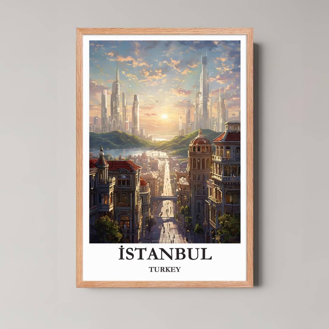 A framed illustration of Istanbul's view with a rustic red oak wood frame, highlighting the warm sunset and architectural contrast.