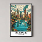 A framed, vibrant illustration of the Brisbane skyline and river with a classic black frame, featuring lush greenery and modern towers.
