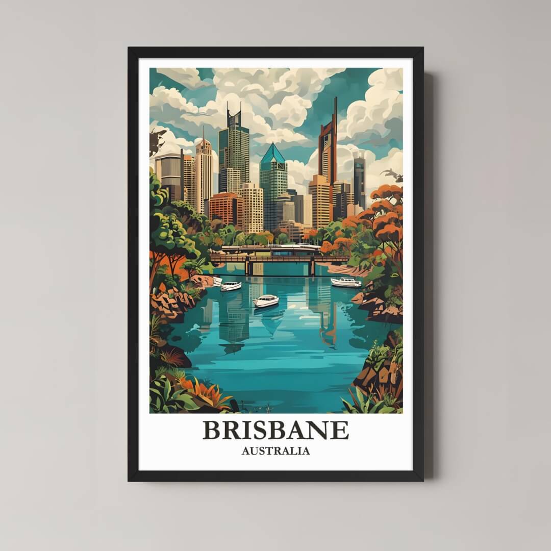 A framed, vibrant illustration of the Brisbane skyline and river with a classic black frame, featuring lush greenery and modern towers.