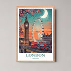 A framed illustration of the London scene with a rustic red oak wood frame, highlighting the dramatic sunset and moonlit colors.