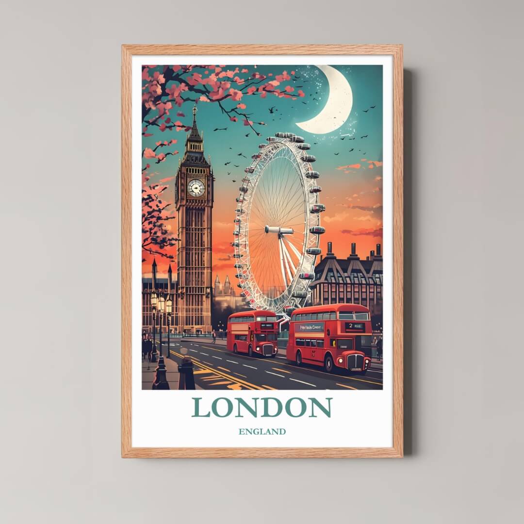 A framed illustration of the London scene with a rustic red oak wood frame, highlighting the dramatic sunset and moonlit colors.