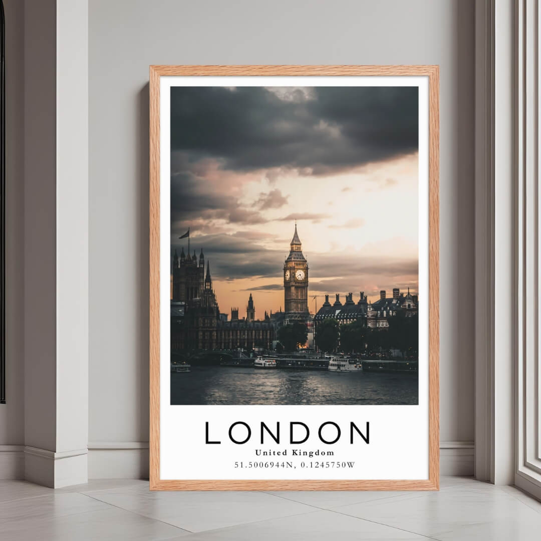A framed print of London, UK, with a rustic red oak wood frame, highlighting the historic Houses of Parliament.