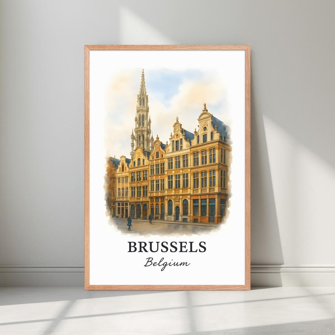 Framed Grand-Place Guildhalls art in a natural Red Oak wood frame. Emphasizes the warm, historical tones of the facades.