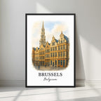 Framed art print of the majestic Grand-Place (Grote Markt) and ornate Guildhalls in a sleek black Ayous wood frame. Ideal for luxury Belgian or Baroque decor.