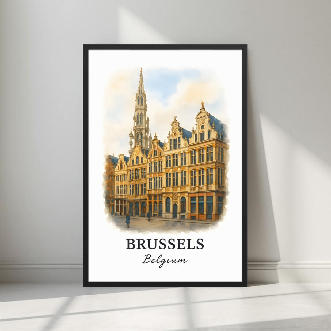 Framed art print of the majestic Grand-Place (Grote Markt) and ornate Guildhalls in a sleek black Ayous wood frame. Ideal for luxury Belgian or Baroque decor.