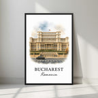 Framed art print of the monumental Palace of the Parliament in Bucharest, Romania in a sleek black Ayous wood frame. Ideal for luxury Eastern European decor.