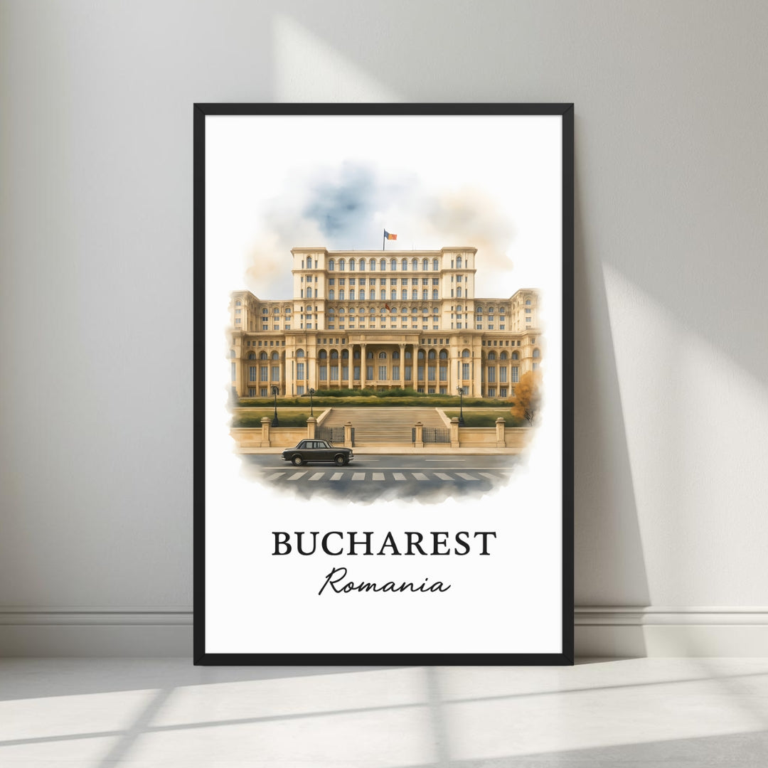 Framed art print of the monumental Palace of the Parliament in Bucharest, Romania in a sleek black Ayous wood frame. Ideal for luxury Eastern European decor.