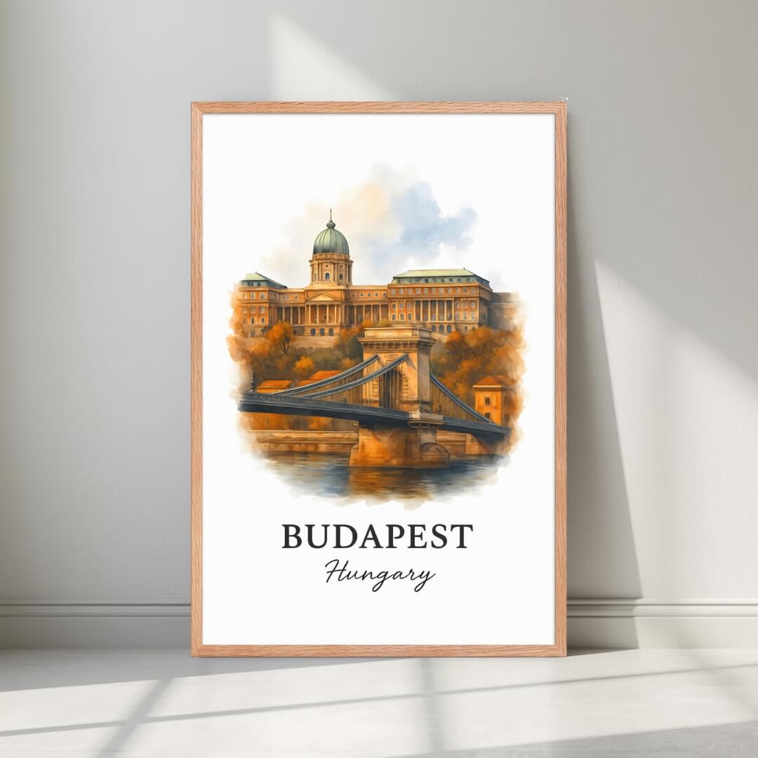 Framed Chain Bridge art in a natural Red Oak wood frame. Emphasizes the warm, historical tones of the Danube-side architecture.