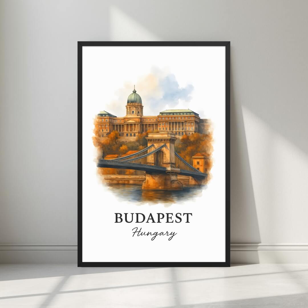 Framed art print of the majestic Chain Bridge and Buda Castle in a sleek black Ayous wood frame. Ideal for luxury Hungarian or Central European decor.