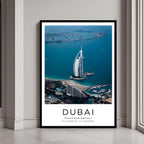 A framed art print of the Burj Al Arab hotel with a classic black frame, adding a sleek and elegant touch to home decor.