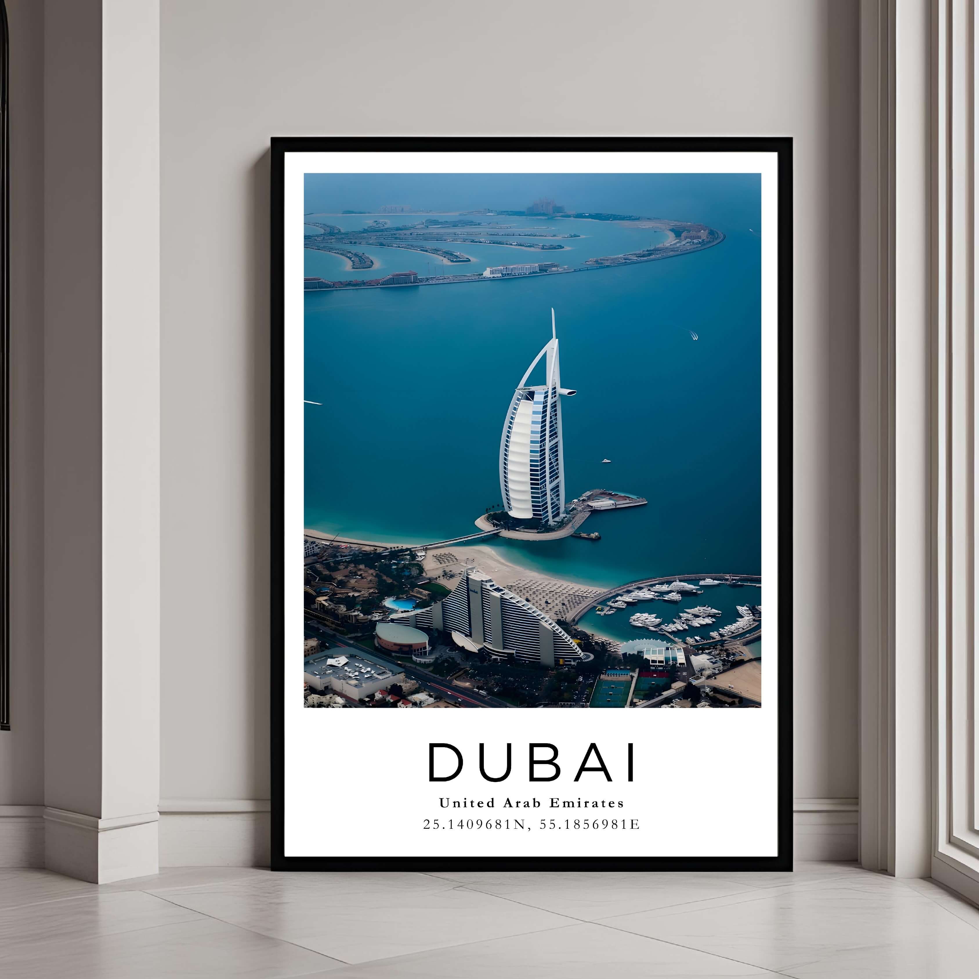 A framed art print of the Burj Al Arab hotel with a classic black frame, adding a sleek and elegant touch to home decor.