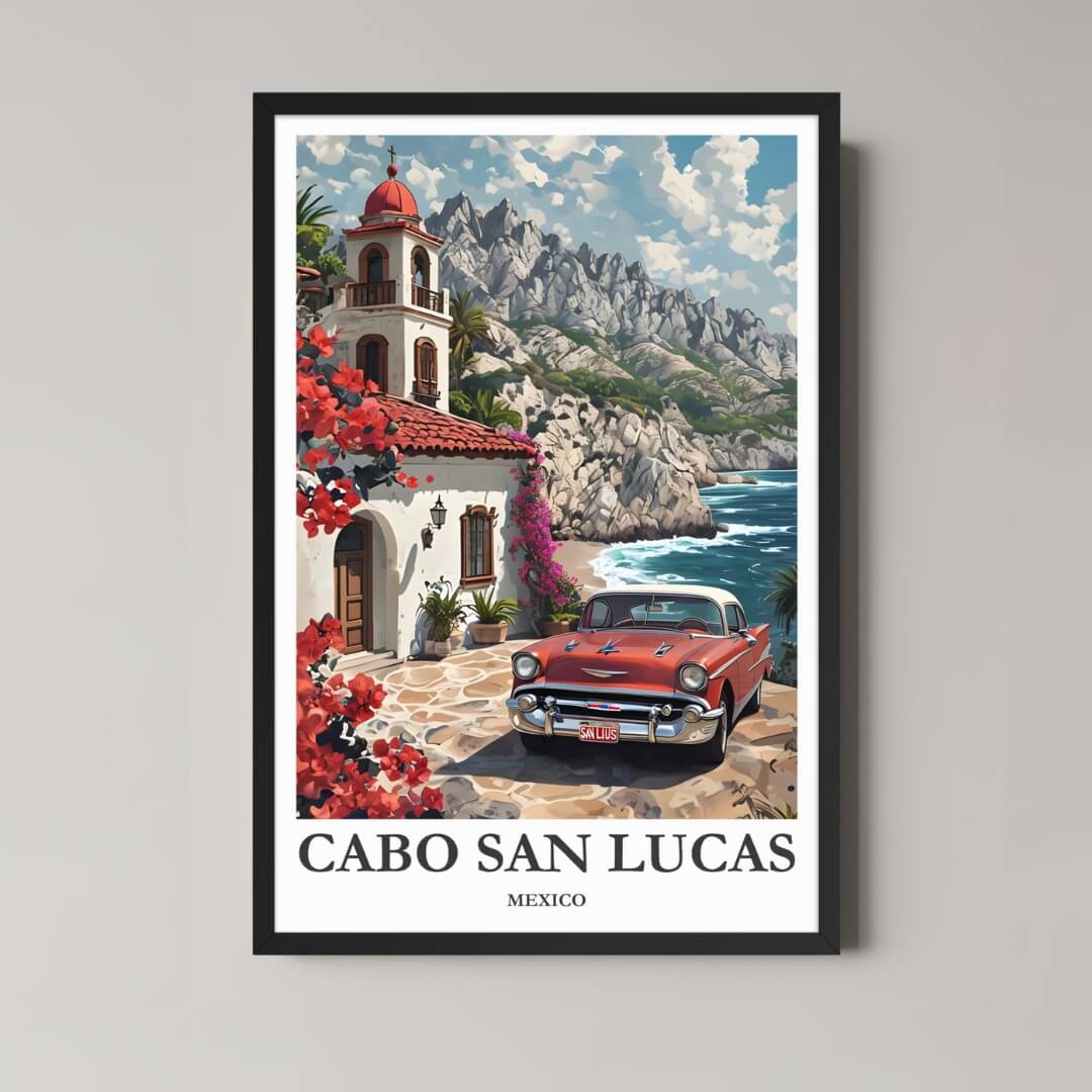 A framed, vibrant illustration of Cabo San Lucas with a classic black frame, featuring a red vintage car and a coastal scene.