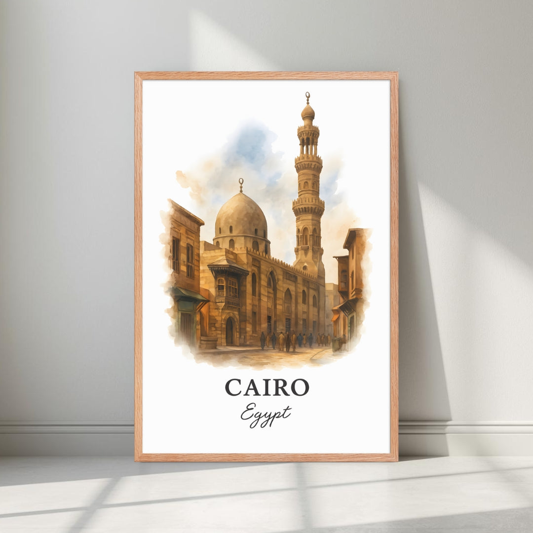 Framed historic mosque art in a natural Red Oak wood frame. Emphasizes the warm, golden stone tones of the Middle East.