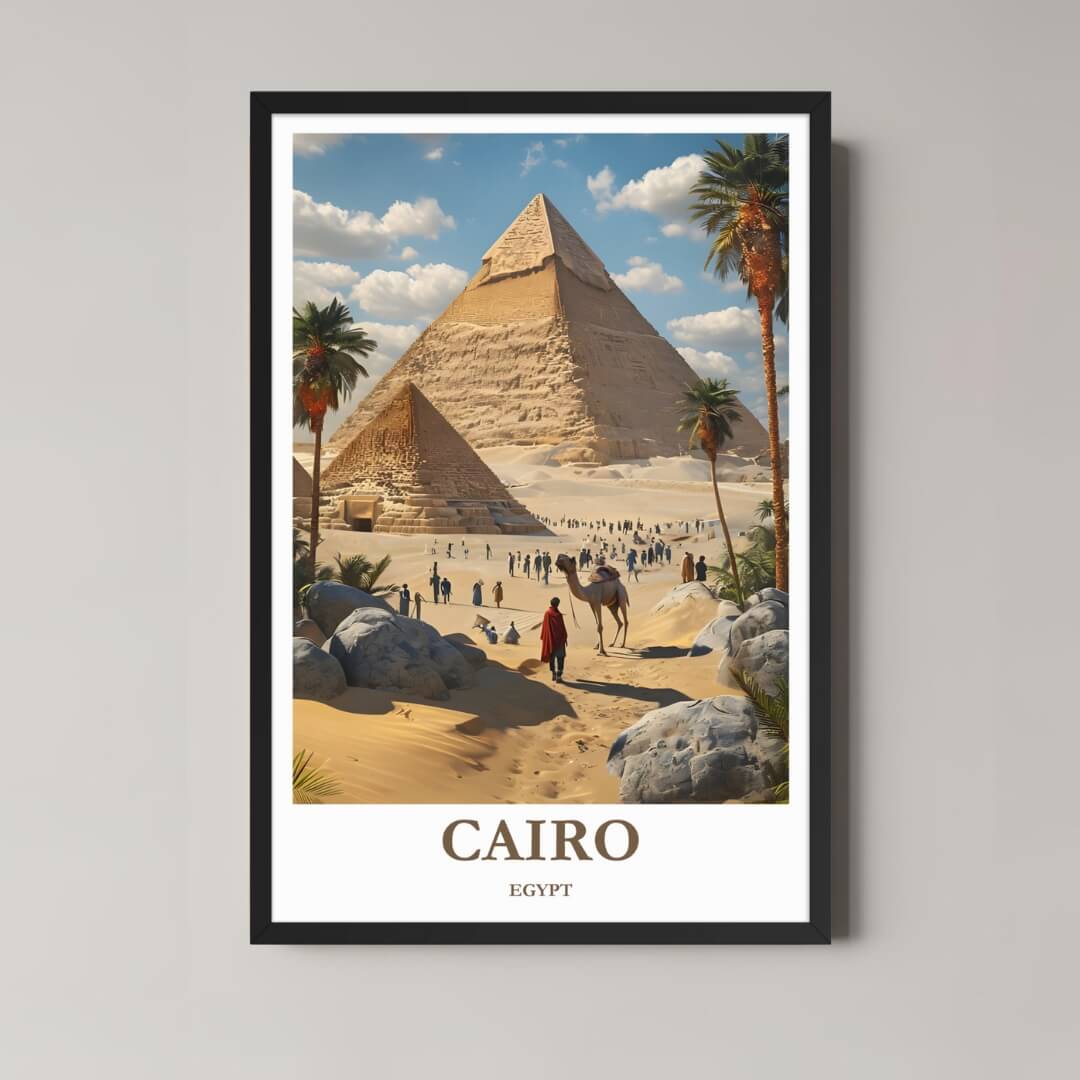 A framed, vibrant illustration of the Pyramids of Giza in Cairo, Egypt, with a classic black frame, featuring a camel and desert scenery.