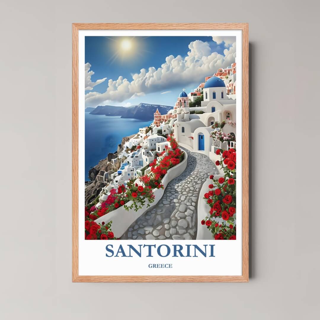 A framed illustration of the scenic cobblestone path and red roses in Santorini with a rustic red oak wood frame, highlighting the warm Mediterranean sunlight.