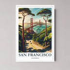A framed art print of the San Francisco Golden Gate Bridge illustration with a minimalist white frame, ideal for a bright, coastal-themed room.