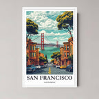 A framed art print of the San Francisco illustration with a minimalist white frame, emphasizing the bright blue sky and colorful street scene.