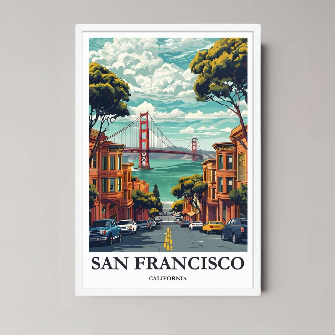 A framed art print of the San Francisco illustration with a minimalist white frame, emphasizing the bright blue sky and colorful street scene.