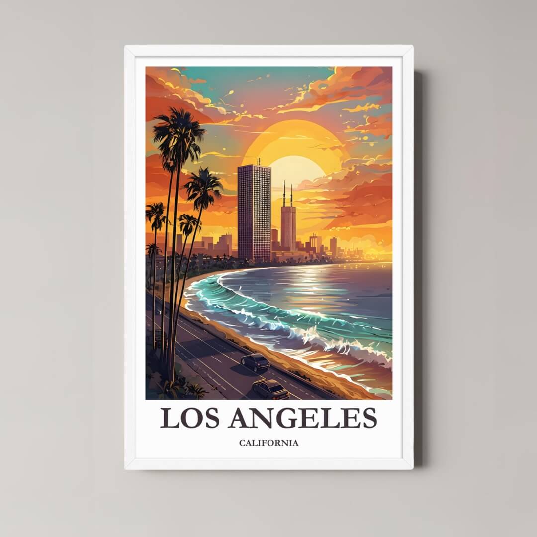 A framed art print of the Los Angeles illustration with a minimalist white frame, ideal for a clean, modern, beach-themed room.