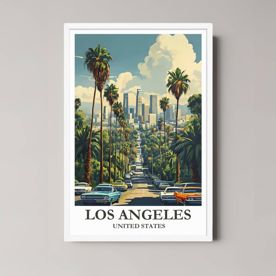 A framed art print of the LA illustration with a minimalist white frame, ideal for a clean, modern, beach-themed room.