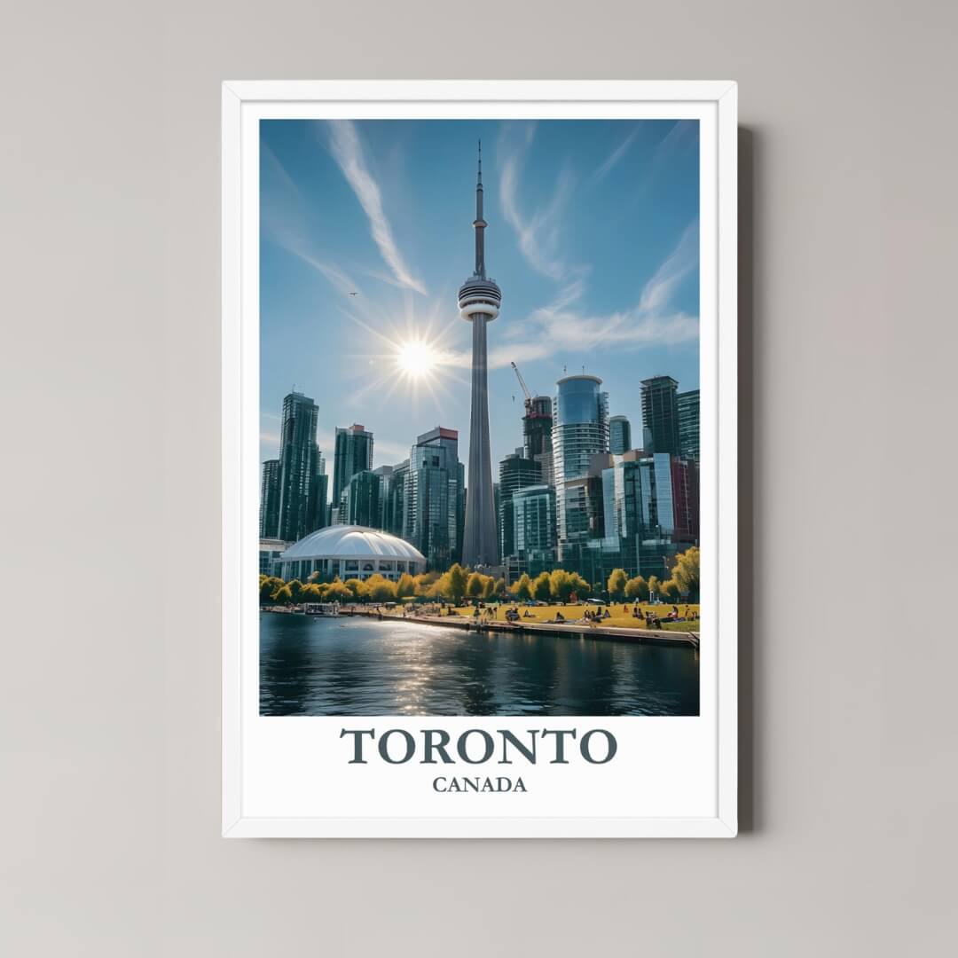 A framed art print of the Toronto skyline and waterfront with a minimalist white frame, perfect for a clean, contemporary decor style.
