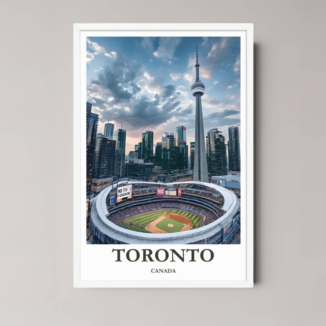 A framed art print of the Toronto Rogers Centre and CN Tower skyline at twilight with a minimalist white frame, emphasizing the city lights and dramatic clouds.