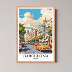 A framed illustration of Barcelona's classic street view with a rustic red oak wood frame, highlighting the warm, sunny colors.