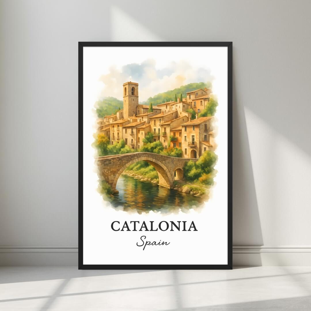 Framed art print of a picturesque Catalonian medieval village and historic stone bridge in a sleek black Ayous wood frame. Ideal for luxury Spanish or European decor.