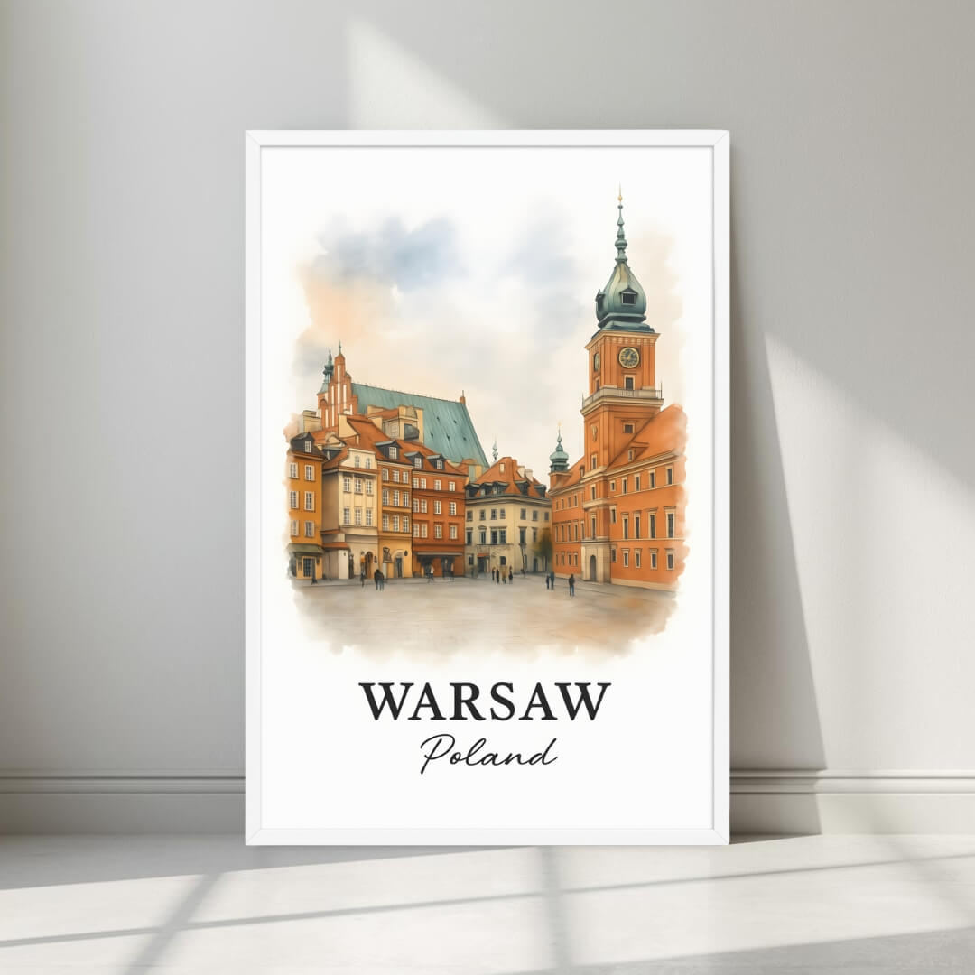 Watercolor-style print of Warsaw's historic square and tenement houses in a minimalist white frame. Captures the charming resilience of the Polish capital.