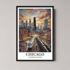 A framed, vibrant illustration of the Chicago skyline and "L" train with a classic black frame, featuring a dramatic sunset.