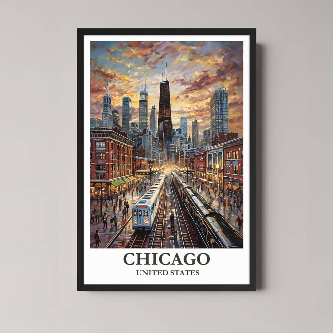 A framed, vibrant illustration of the Chicago skyline and "L" train with a classic black frame, featuring a dramatic sunset.