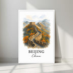 Watercolor-style print of the legendary Great Wall in a minimalist white frame. Captures the immense historical scale of the Chinese landmark.