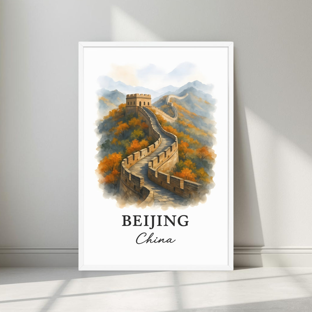 Watercolor-style print of the legendary Great Wall in a minimalist white frame. Captures the immense historical scale of the Chinese landmark.