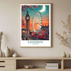 A framed art print depicting the vibrant London cityscape at twilight, styled to complement a sophisticated and travel-focused interior.