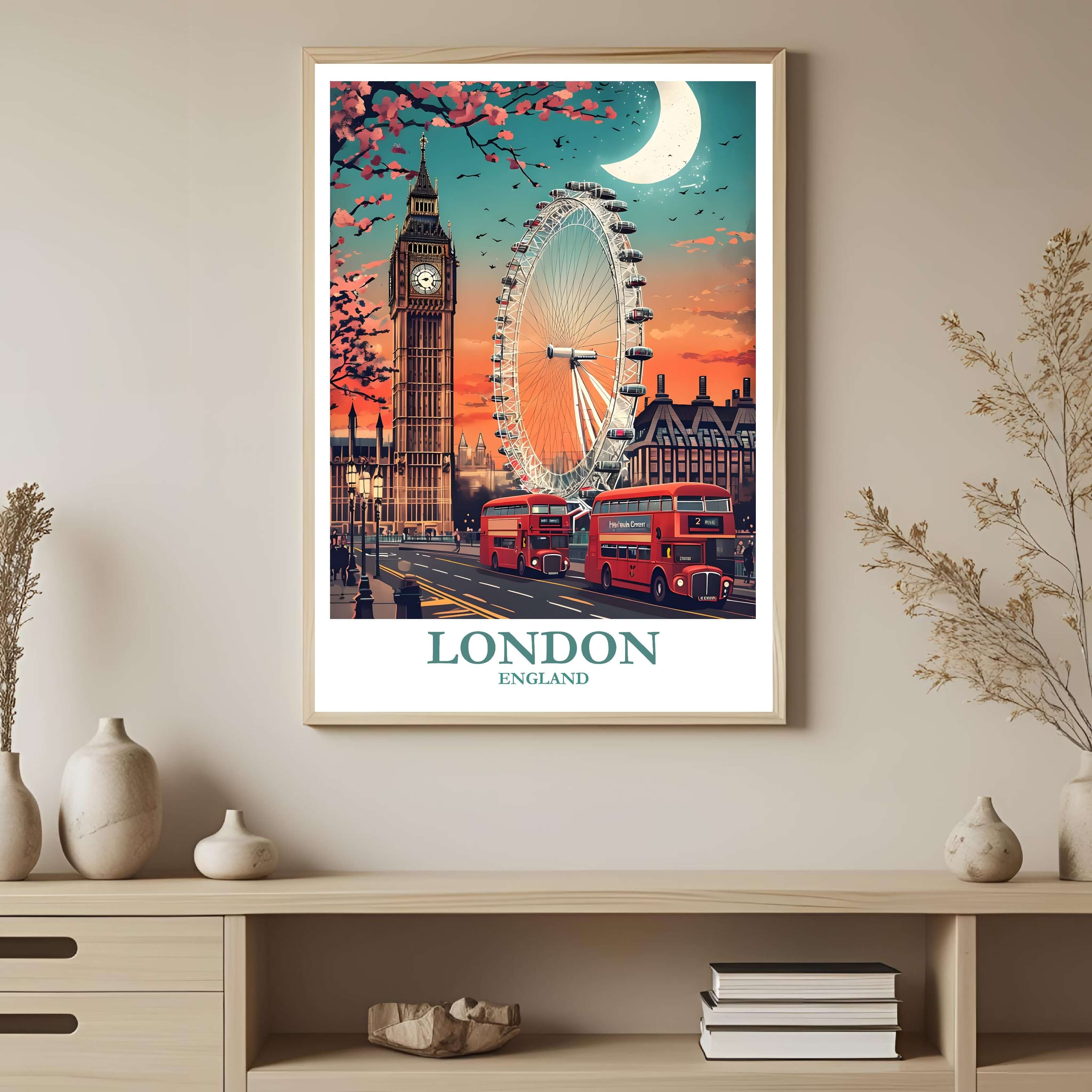 A framed art print depicting the vibrant London cityscape at twilight, styled to complement a sophisticated and travel-focused interior.