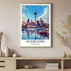 A framed art print with a beautiful illustration of Auckland's Sky Tower and harbor, styled to complement modern, urban-inspired interiors.
