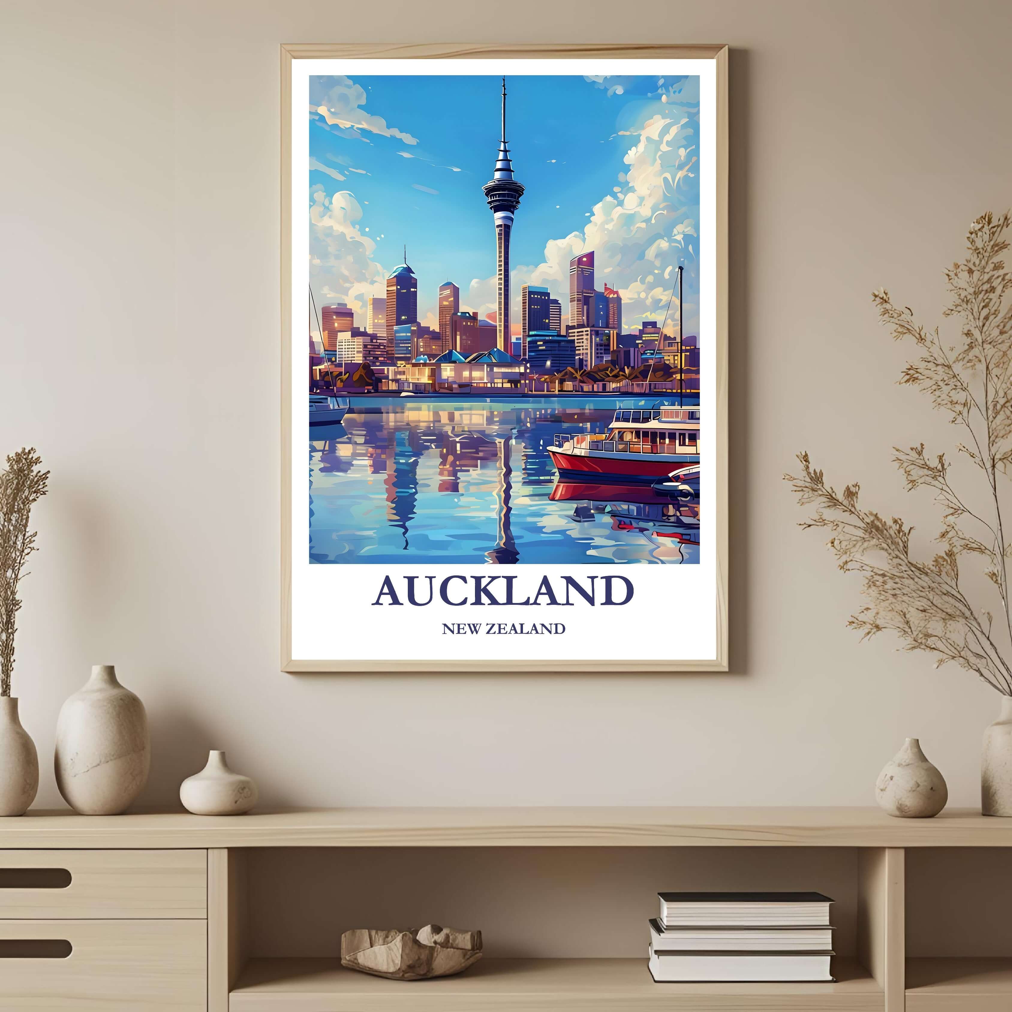 A framed art print with a beautiful illustration of Auckland's Sky Tower and harbor, styled to complement modern, urban-inspired interiors.