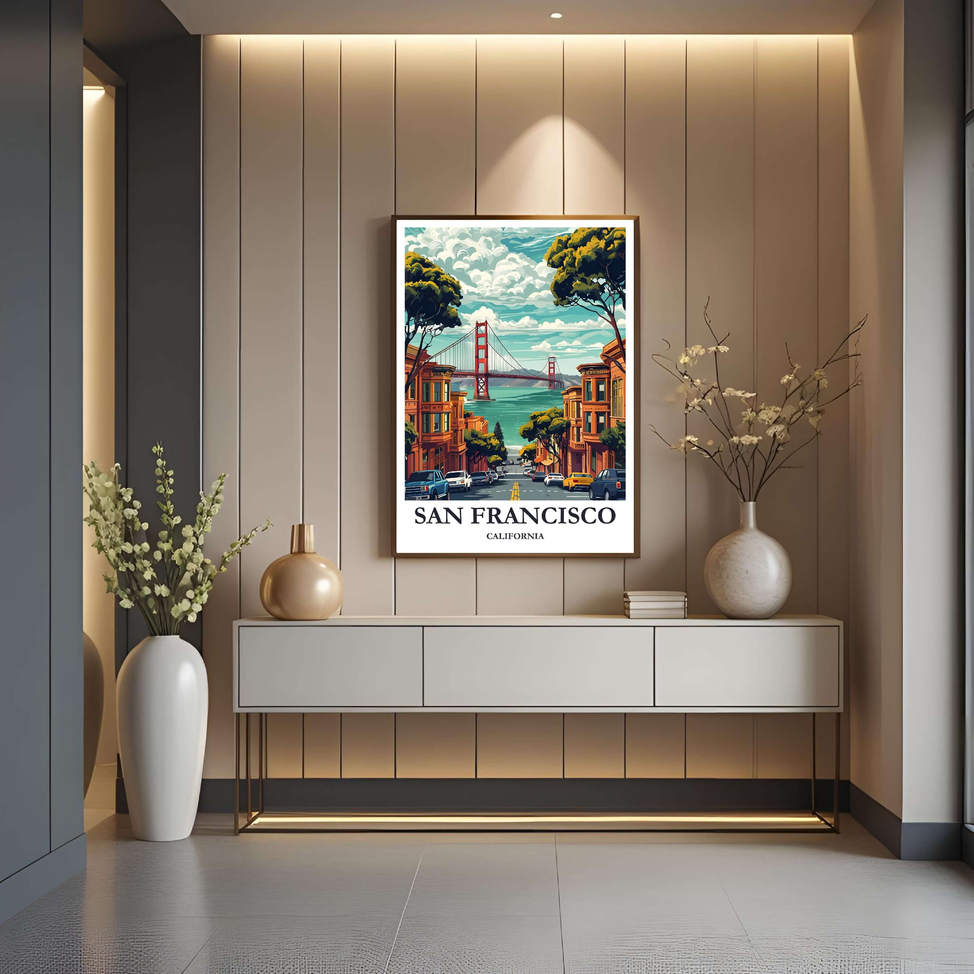 Framed San Francisco illustration showcasing the unique blend of residential buildings on a hilly street and the famous landmark bridge, perfect for travel decor.