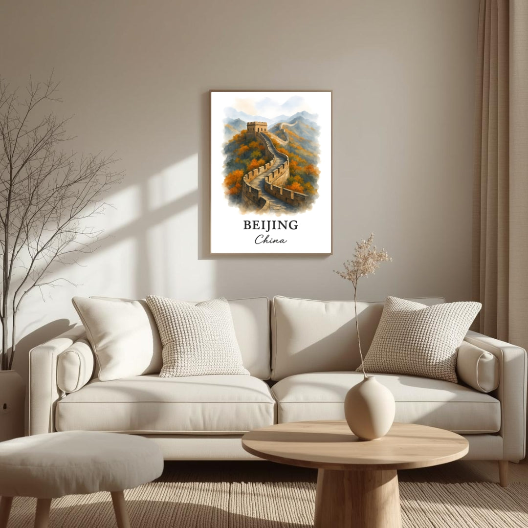 Extreme close-up of the Great Wall print, highlighting the texture of the stonework and the superior quality of the museum-quality enhanced matte paper.