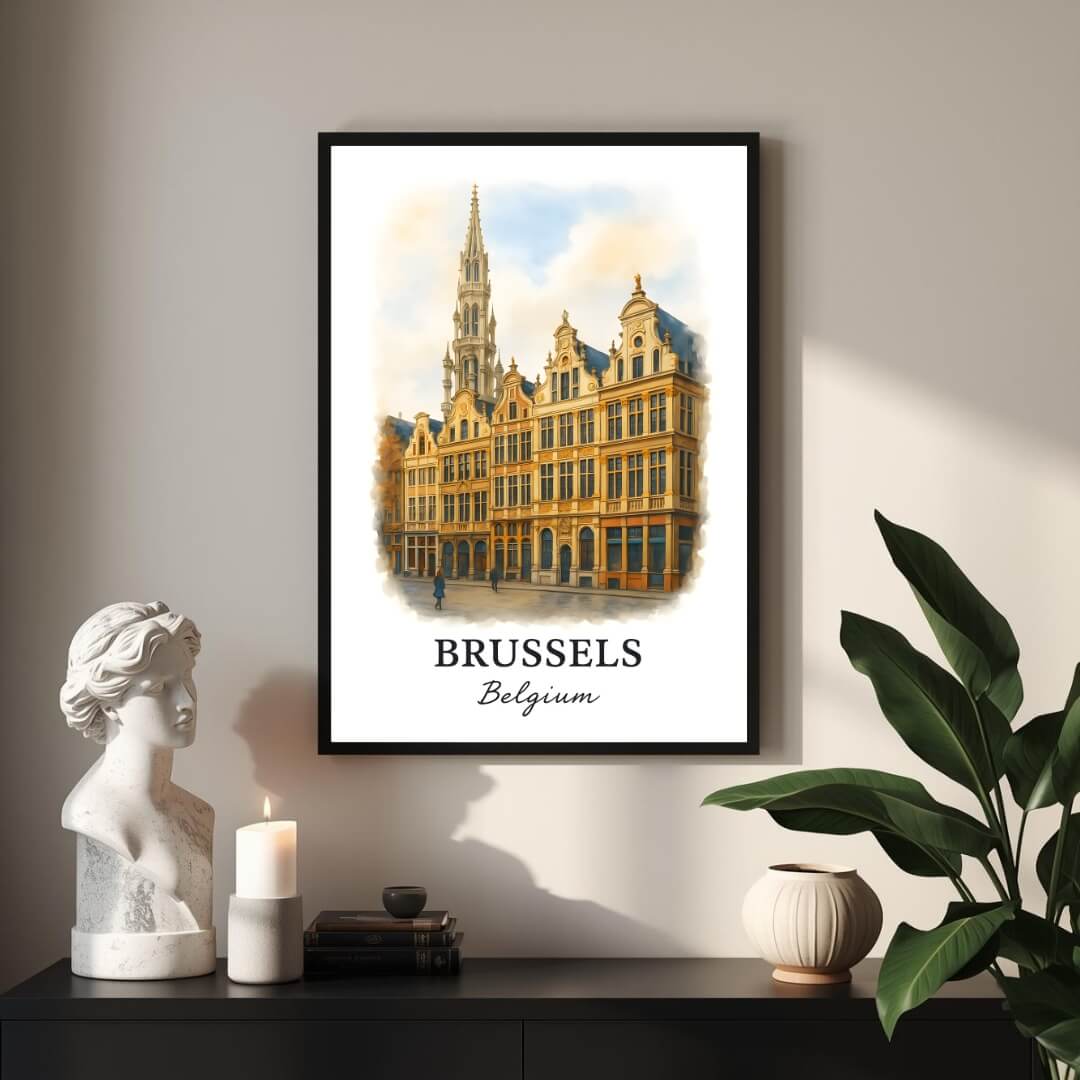 Extreme close-up of the Brussels print, highlighting the golden details and the superior quality of the museum-quality enhanced matte paper.