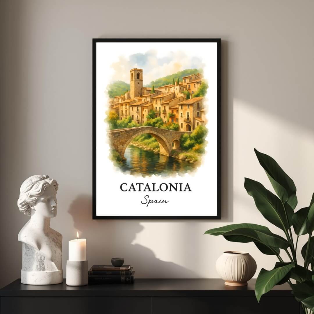Extreme close-up of the Catalonia print, highlighting the stone texture of the bridge and the superior quality of the museum-quality enhanced matte paper.