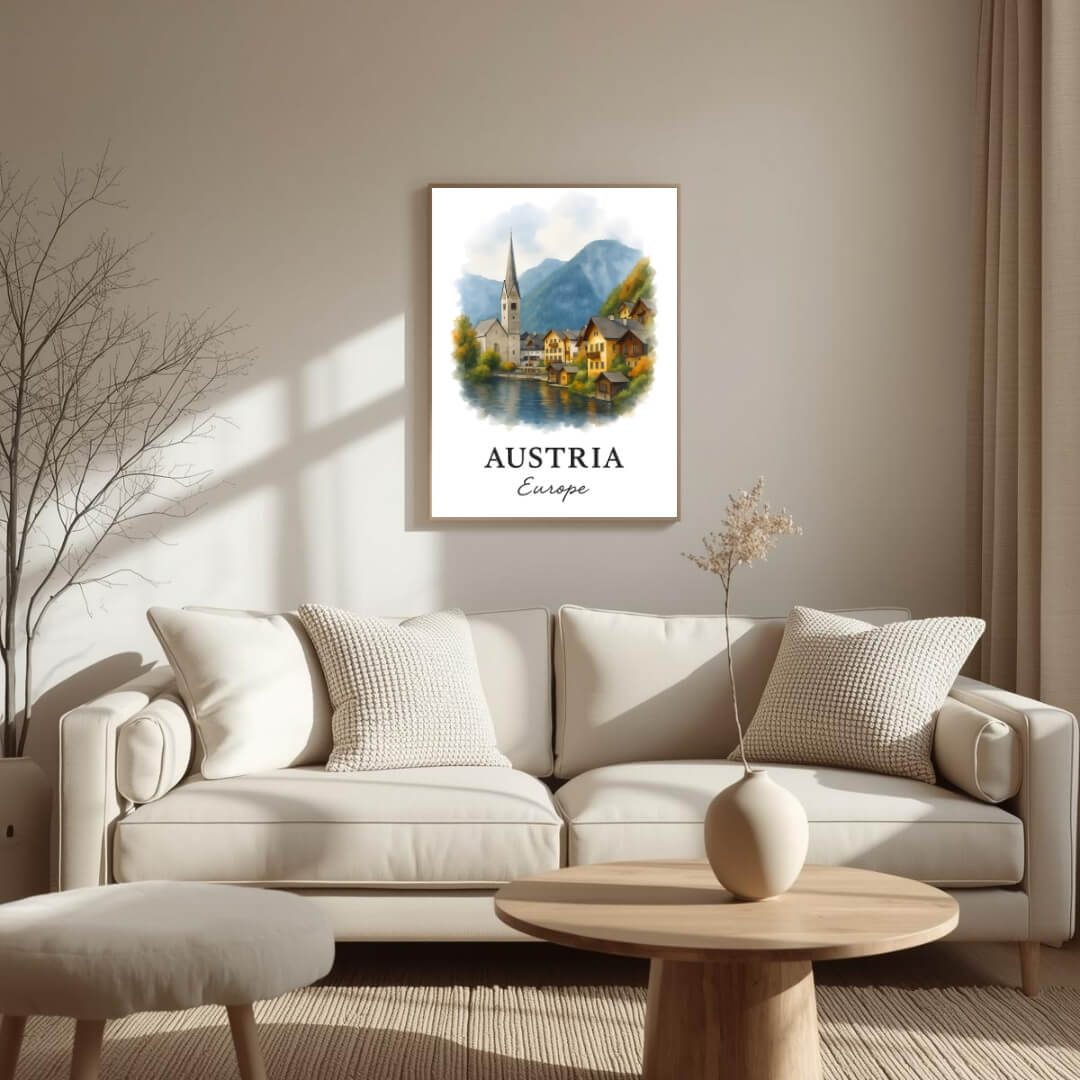 Extreme close-up of the Hallstatt print, highlighting the watercolor texture and the superior quality of the museum-quality enhanced matte paper.