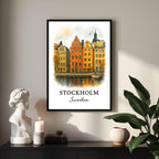 Extreme close-up of the Stockholm print, highlighting the colorful facades and the superior quality of the museum-quality enhanced matte paper.