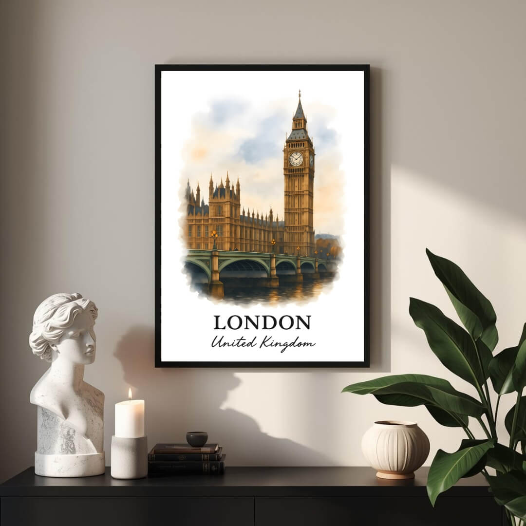 Extreme close-up of the London print, highlighting the Gothic detail on the tower and the superior quality of the museum-quality enhanced matte paper.