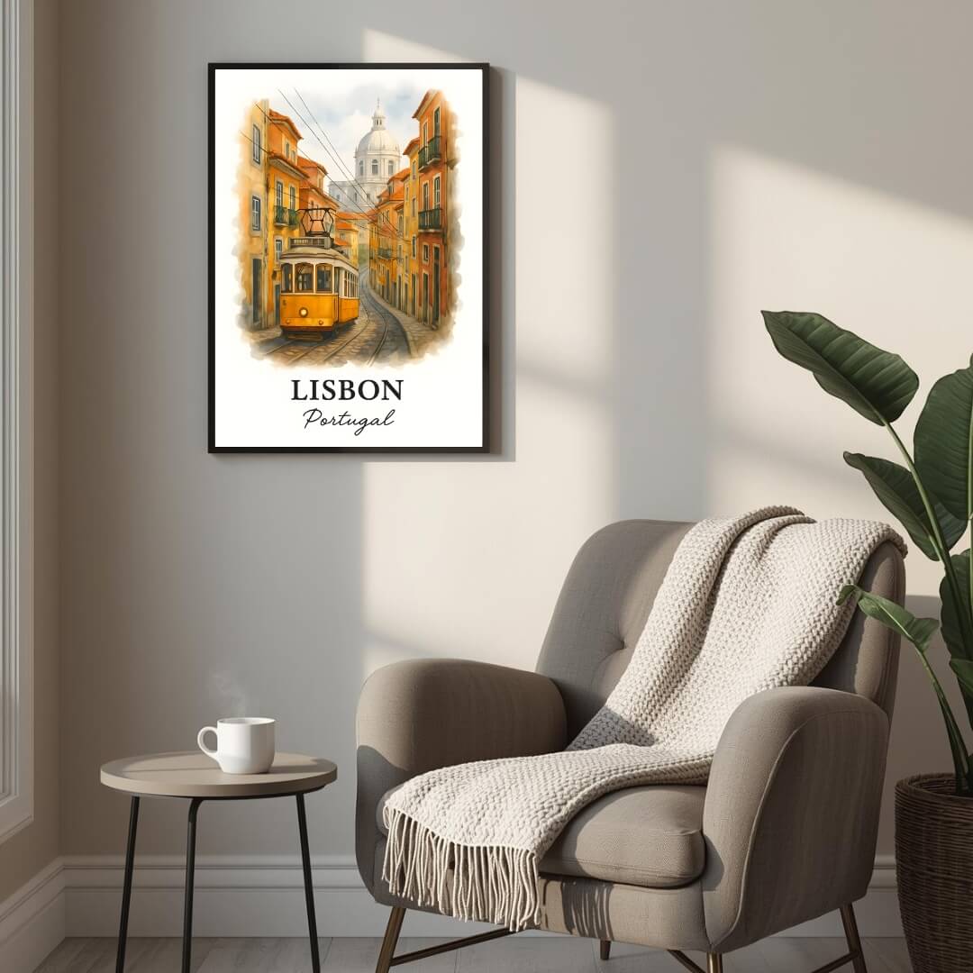 Extreme close-up of the Lisbon print, highlighting the rich watercolor texture and the superior quality of the museum-quality enhanced matte paper.