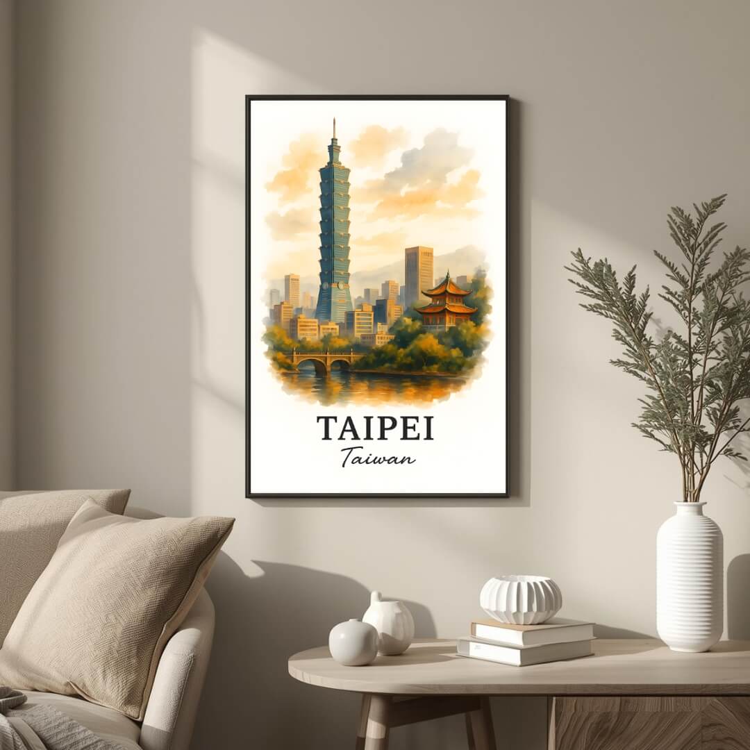 Extreme close-up of the Taipei print, highlighting the rich detail of the Taipei 101 Tower and the texture of the museum-quality matte paper.