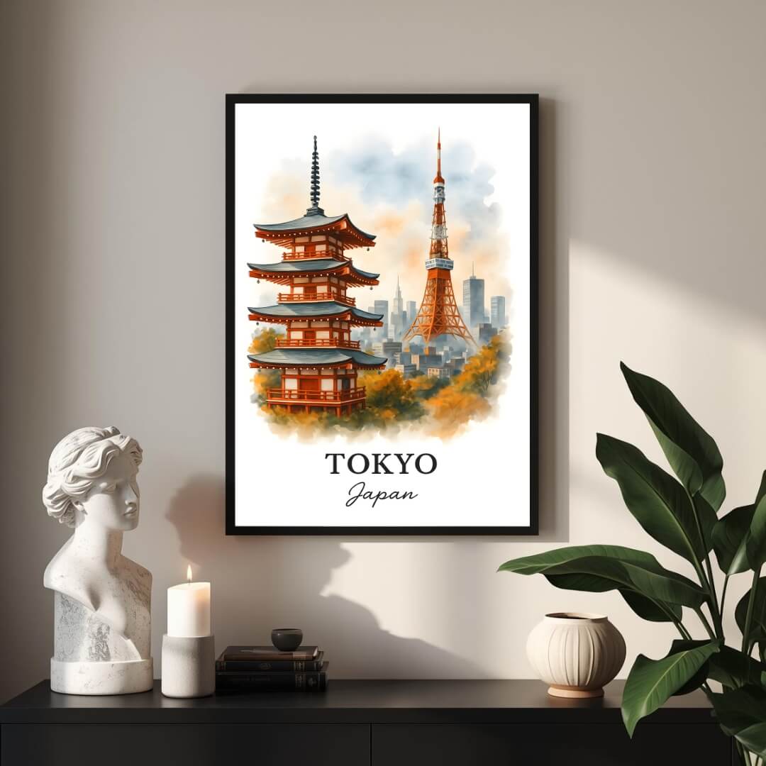 Extreme close-up shot of the framed Tokyo print, focusing on the fine print detail of the temple pagoda and confirming the museum-quality enhanced matte paper.