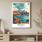 A framed Sydney print featuring historical waterfront buildings or palm trees in the foreground, framing the modern CBD and Harbour.