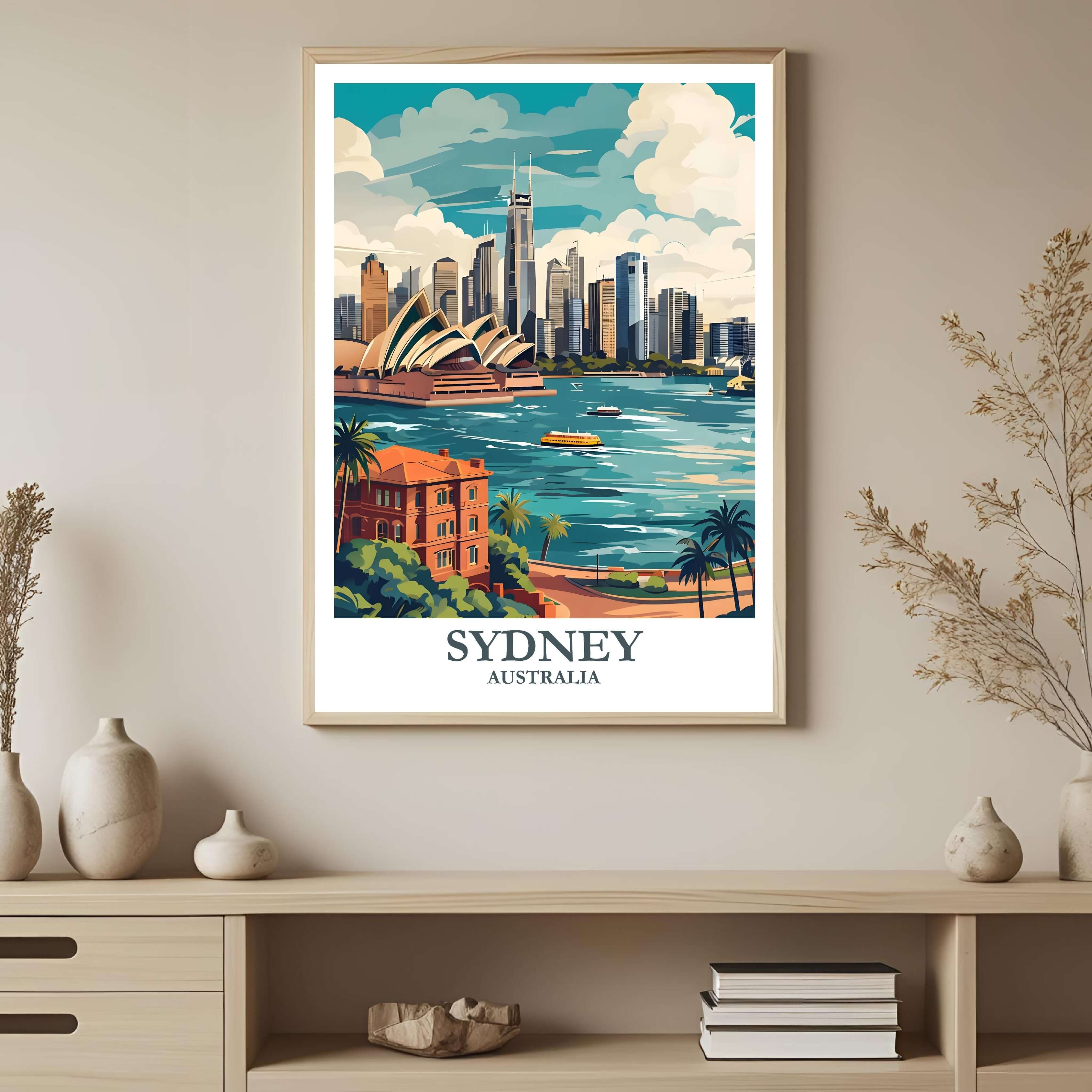 A framed Sydney print featuring historical waterfront buildings or palm trees in the foreground, framing the modern CBD and Harbour.